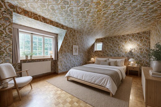 leerer raum mit tapetenwand, wallpaper wall, parquet floor, natürliches licht, und natural light