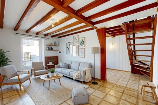 wohnzimmer mit beamed ceiling, balkendecke, natural light, natürliches licht, und inside property