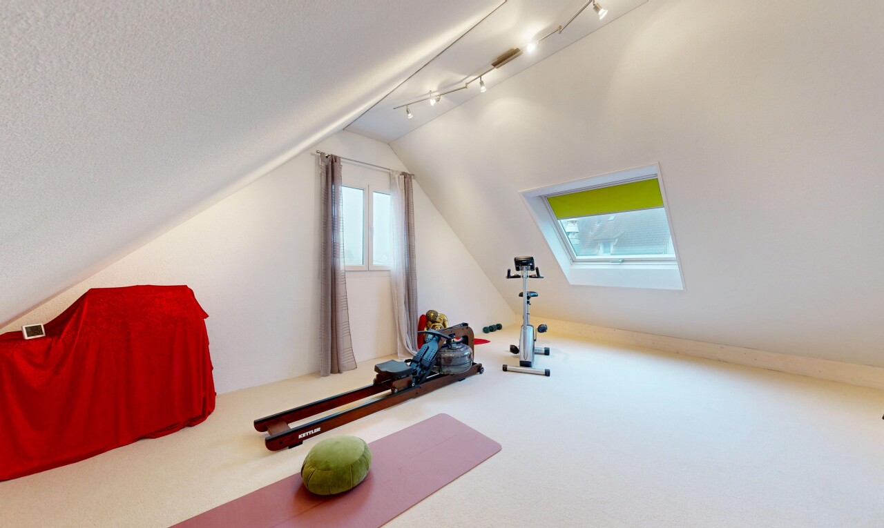 gym avec plafond voûté, vaulted ceiling, éclairage sur rail, track lighting, et plafond bas