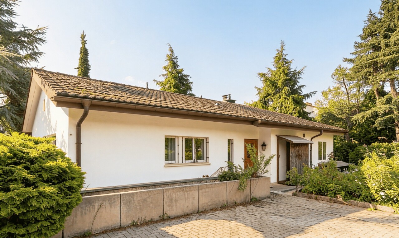 außenansicht mit ziegeldach, property visible, stuckverkleidung, und day time