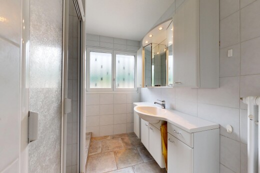 bad mit fliesenwand, tile wall, spiegel, schminktisch, und komplettes badezimmer
