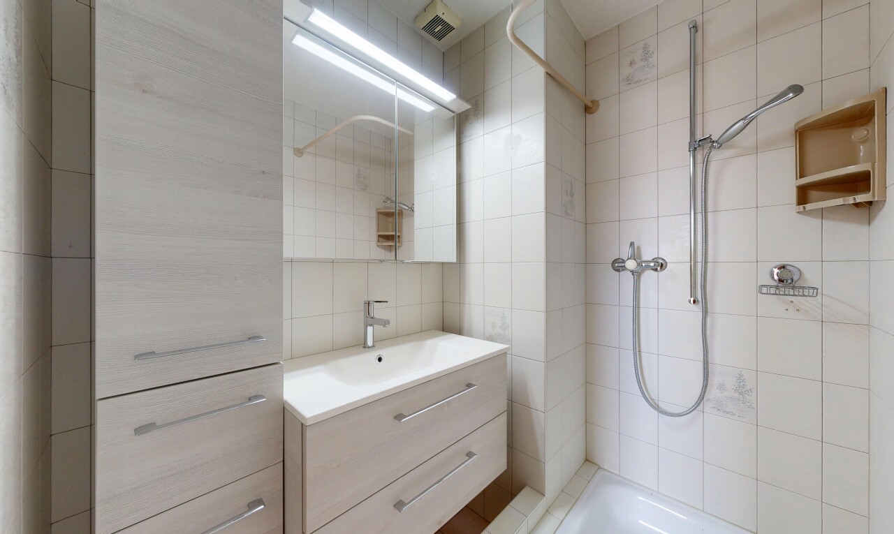 salle de bains avec miroir, lavabo (ou coiffeuse selon le contexte), salle de bain complète, douche, et inside property