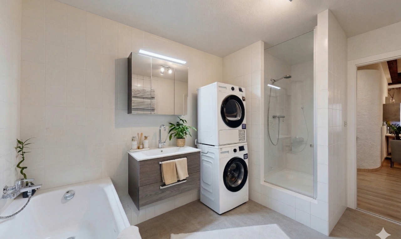 salle de bains avec light floor, miroir, lavabo (ou coiffeuse selon le contexte), mur en carrelage, et tile wall