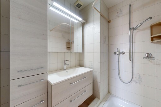 salle de bains avec miroir, lavabo (ou coiffeuse selon le contexte), salle de bain complète, douche, et inside property