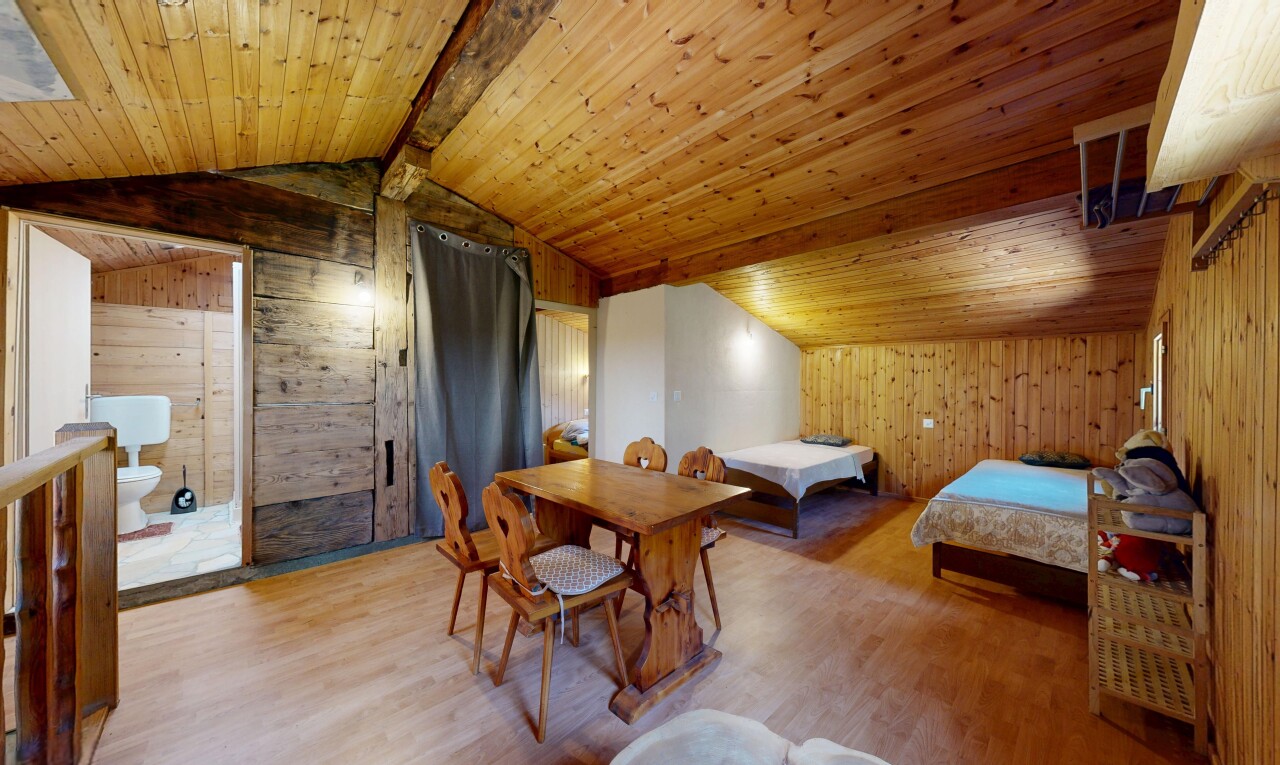 salon / salle à manger avec mur en bois, wood wall, plafond en bois, wood ceiling, et sol en finition bois