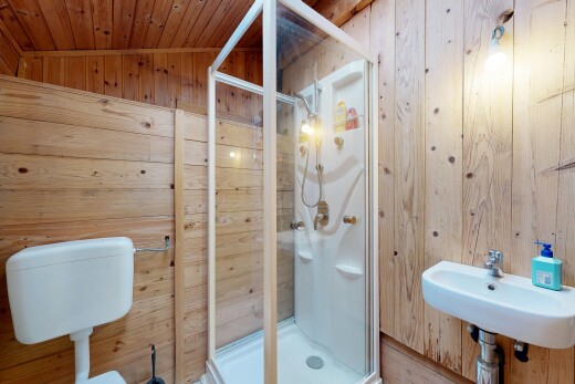 salle de bains avec wood wall, mur en bois, douche, évier, et salle de bain complète