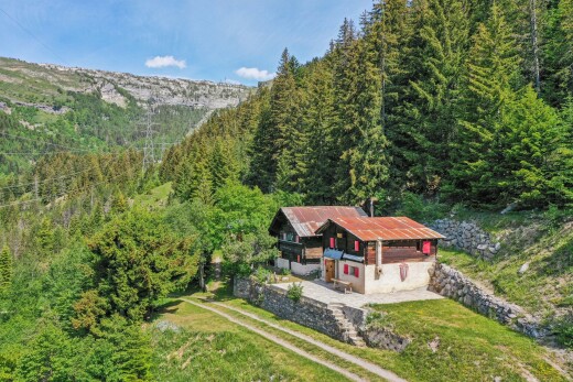 façade avec pelouse, property visible, vue sur la forêt, forest view, et day time
