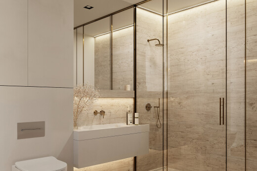 salle de bains avec miroir, salle de bain complète, lavabo (ou coiffeuse selon le contexte), douche, et inside community