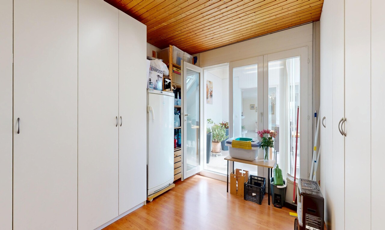 room / bedroom with white refrigerator, wooden ceiling, and light wood-type flooring