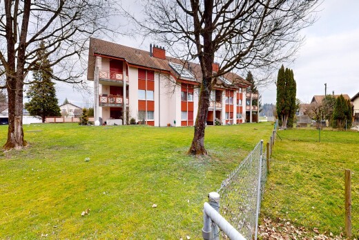 façade avec clôture, pelouse, cheminée, et apartment complex view