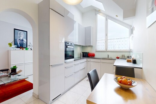 küche mit natürliches licht, natural light, ofen, schränke mit flachen paneelen, und flat panel cabinets