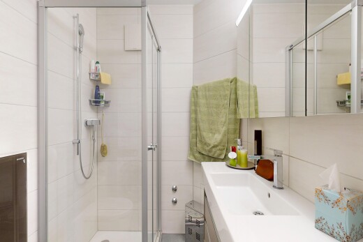 salle de bains avec douche, salle de bain complète, miroir, inside property, et évier
