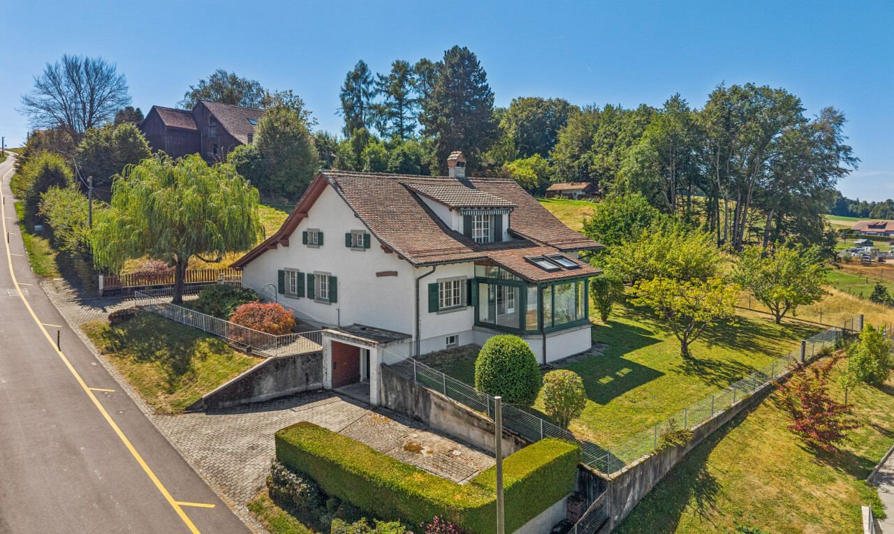 façade avec property visible, toit mansardé, garage intégré, cheminée, et drone view