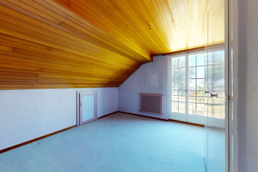 pièce vide avec plafond voûté, vaulted ceiling, radiateur, pièce supplémentaire, et plafond bas