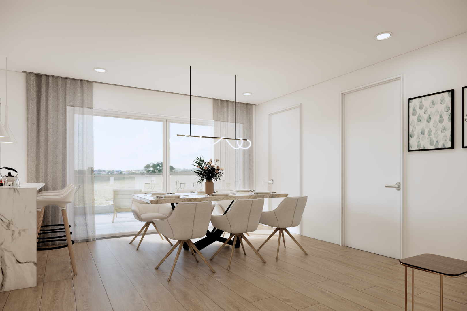 salle à manger avec éclairage encastré, sol en finition bois, wood finish floor, cloison sèche, et drywall
