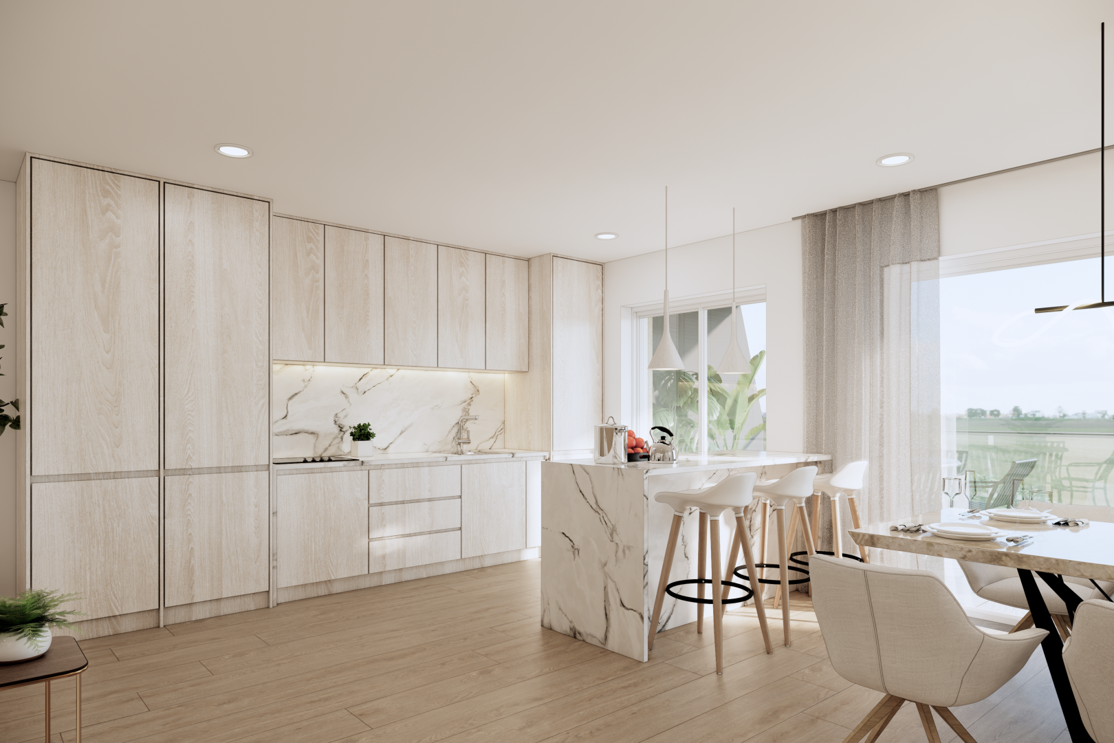 cuisine avec waterfall edge countertops, kitchen bar, bar de cuisine, flat panel cabinets, et armoires à panneau plat
