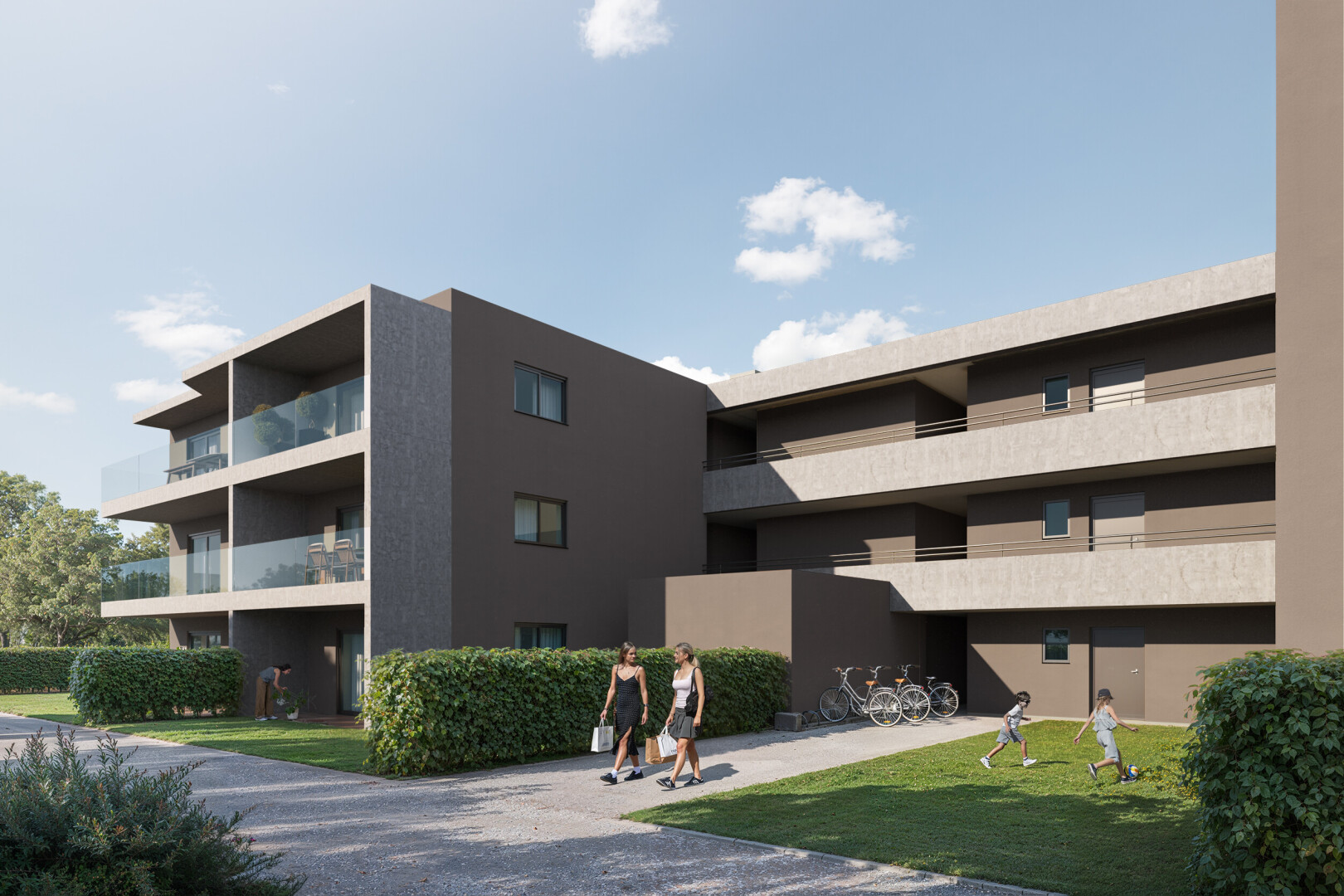 extérieur du bâtiment avec rendered, day time, apartment complex view, vue sur le complexe d'appartements, et from community