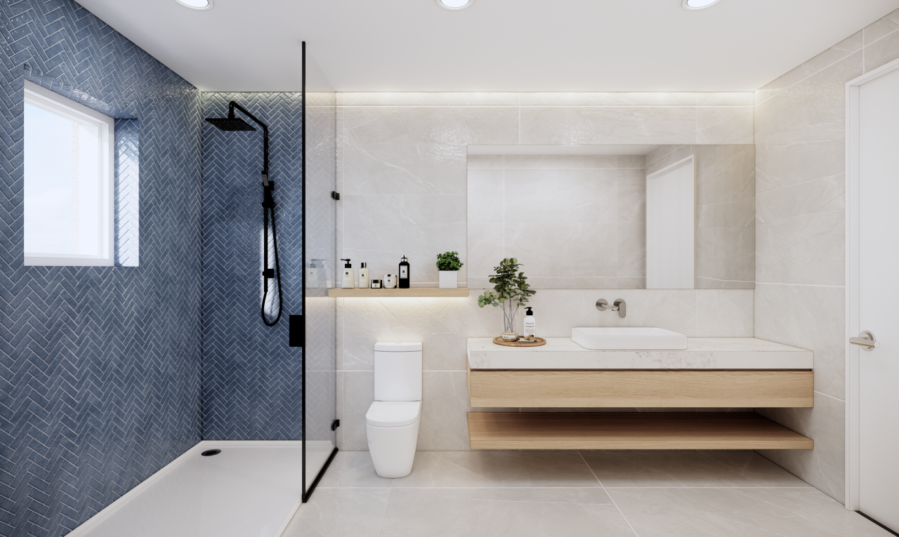 salle de bains avec salle de bain complète, douche, tile wall, mur en carrelage, et lavabo (ou coiffeuse selon le contexte)
