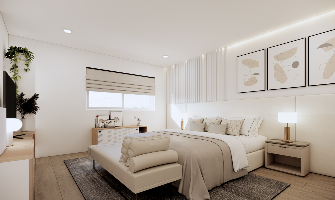 chambre avec wood finish floor, sol en finition bois, éclairage encastré, drywall, et cloison sèche