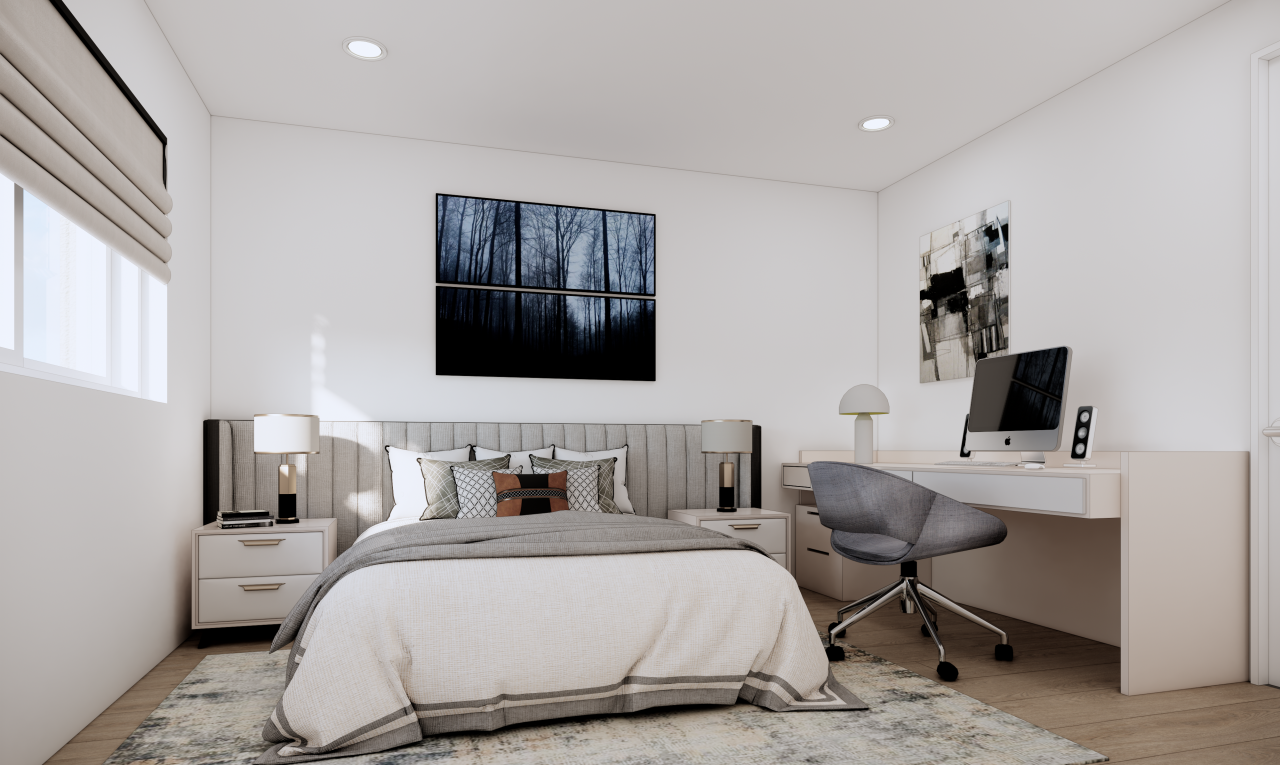 chambre avec espace bureau, télévision, éclairage encastré, cloison sèche, et drywall
