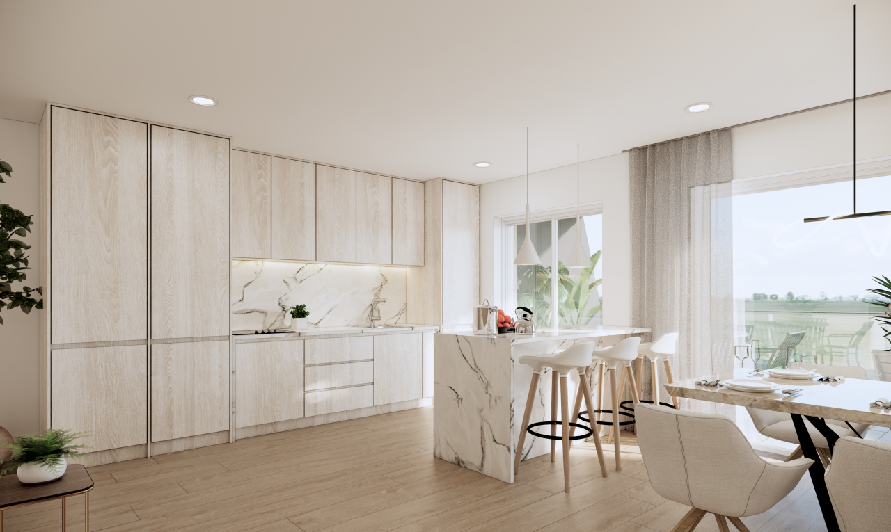 cuisine avec waterfall edge countertops, kitchen bar, bar de cuisine, flat panel cabinets, et armoires à panneau plat