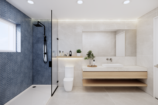 salle de bains avec salle de bain complète, douche, tile wall, mur en carrelage, et lavabo (ou coiffeuse selon le contexte)