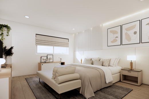 chambre avec wood finish floor, sol en finition bois, éclairage encastré, drywall, et cloison sèche