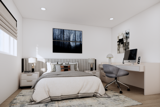 chambre avec espace bureau, télévision, éclairage encastré, cloison sèche, et drywall