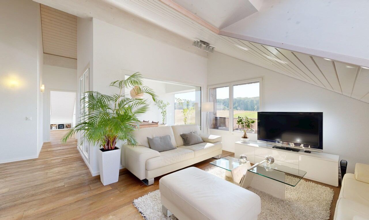 salon avec télévision, drywall, cloison sèche, vaulted ceiling, et plafond voûté