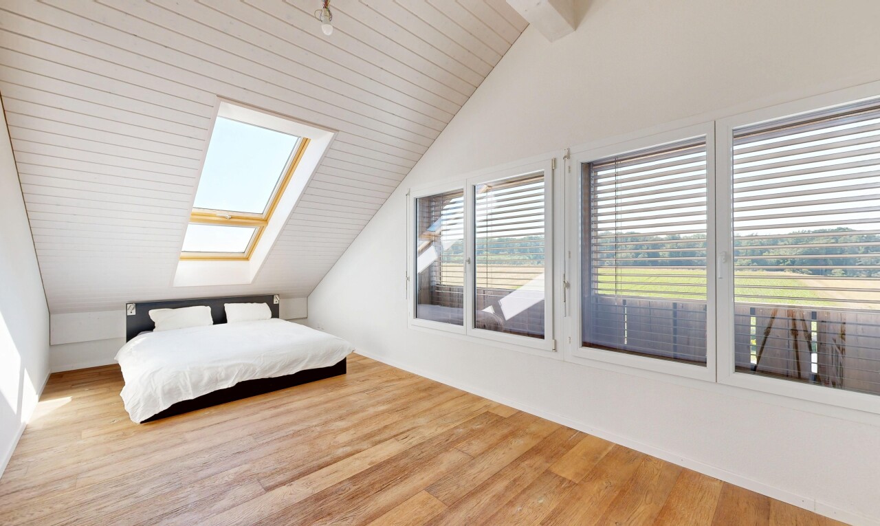 chambre avec vaulted ceiling, plafond voûté, lumière naturelle, pièce supplémentaire, et drywall