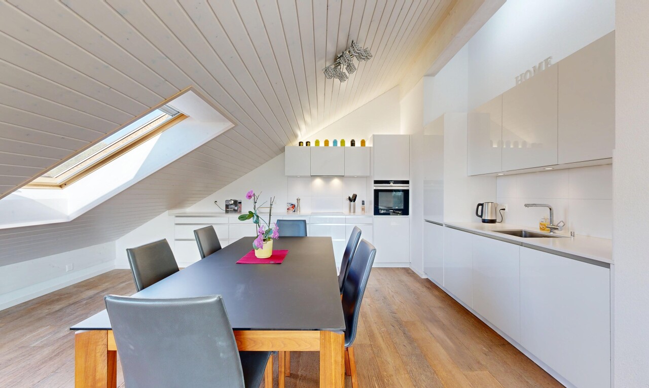 cuisine avec puits de lumière, flat panel cabinets, armoires à panneau plat, vaulted ceiling, et plafond voûté