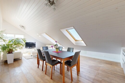 salon / salle à manger avec vaulted ceiling, plafond voûté, low ceiling, plafond bas, et puits de lumière
