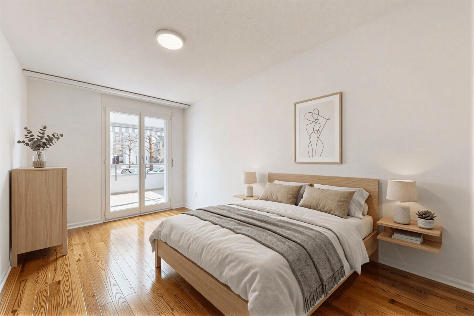 chambre avec accès à l'extérieur, wood finish floor, sol en finition bois, inside property, et drywall