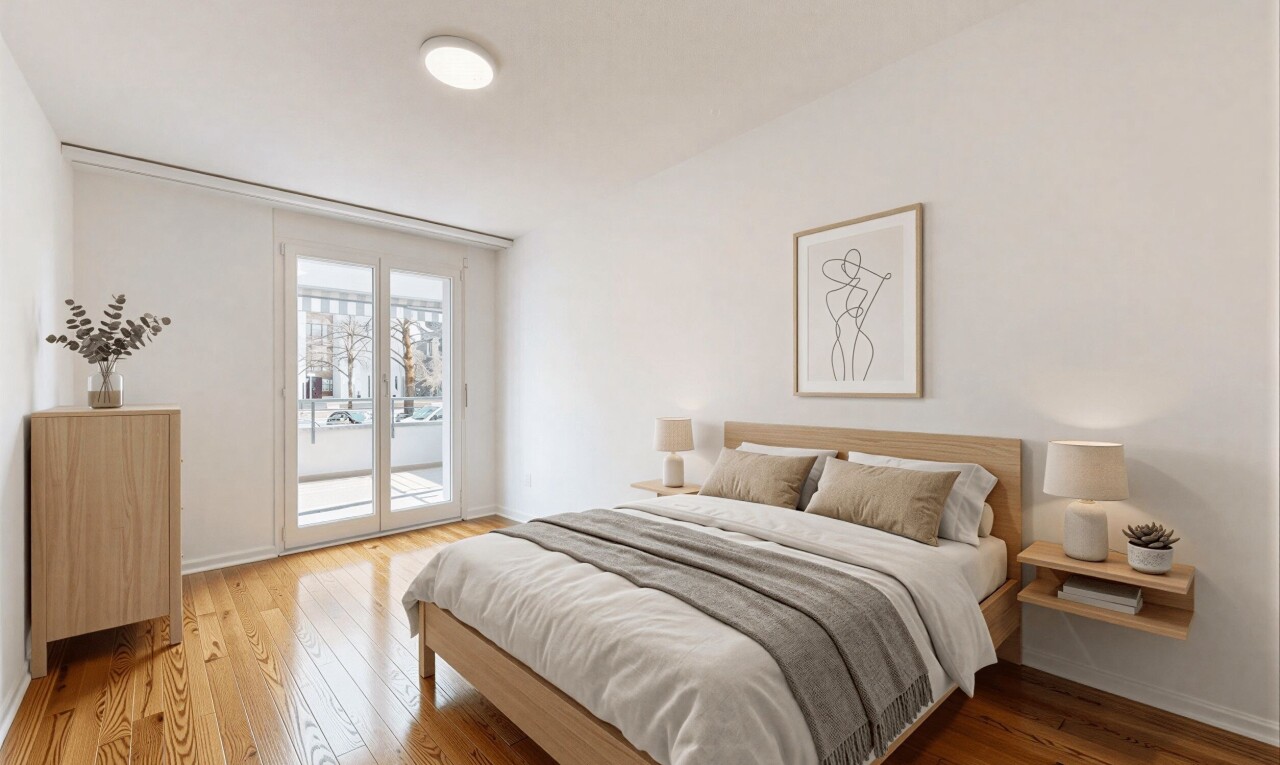 chambre avec accès à l'extérieur, wood finish floor, sol en finition bois, inside property, et drywall
