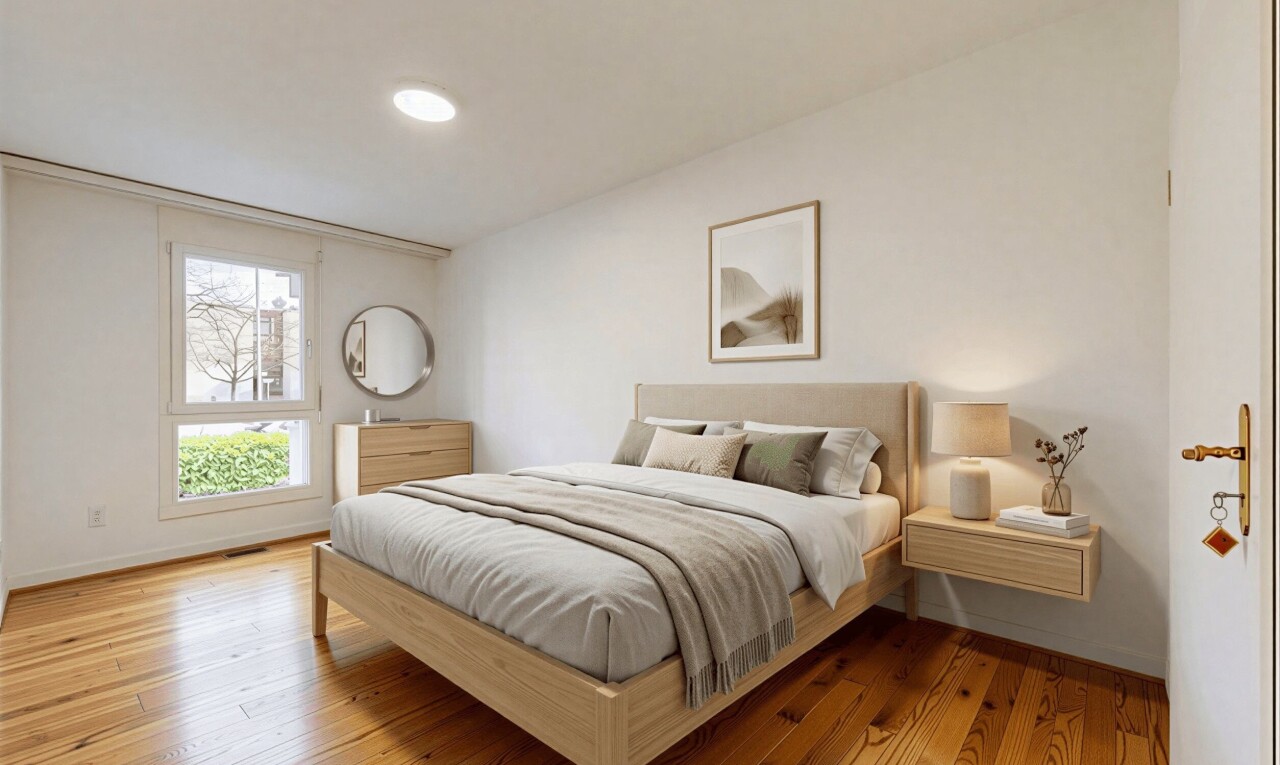 chambre avec inside property, wood finish floor, sol en finition bois, virtually staged, et drywall