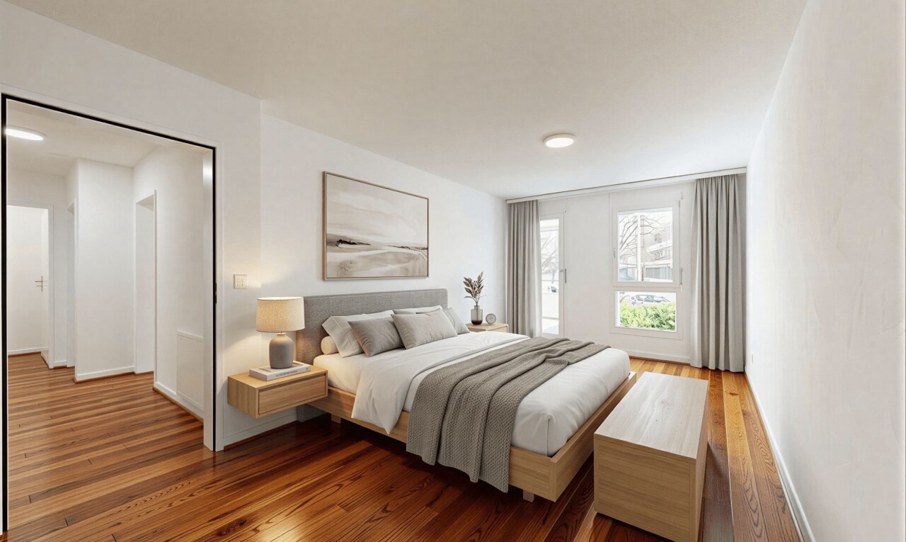 chambre avec sol en finition bois, wood finish floor, cloison sèche, drywall, et inside property
