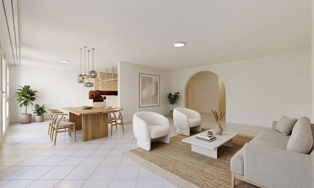 salon avec inside property, cloison sèche, drywall, sol en carrelage, et tile floor