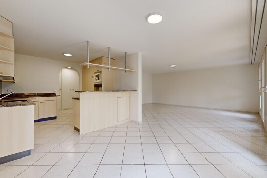 cuisine avec plans de travail, dark countertops, passages en arc, light floor, et inside property