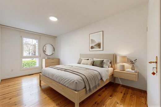 zimmer / schlafzimmer mit inside property, wood finish floor, holzfußboden, virtually staged, und drywall