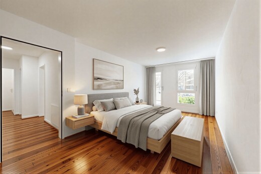 zimmer / schlafzimmer mit holzfußboden, wood finish floor, gipskartonwand, drywall, und inside property