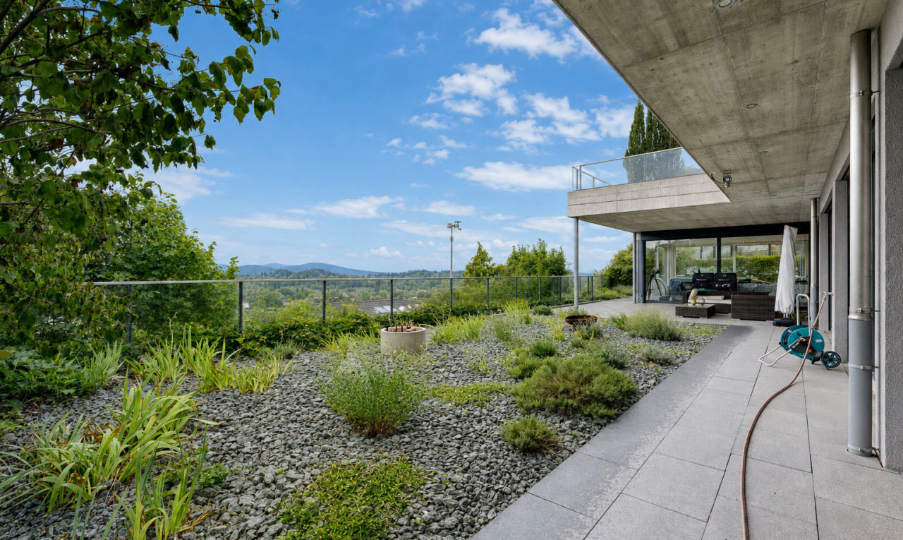 garten mit from property, view focus, terrasse, und day time