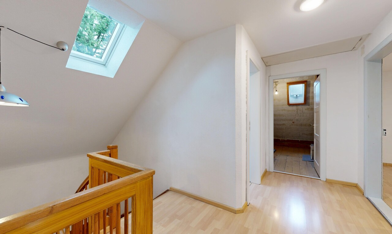 halle / korridor mit wood finish floor, holzfußboden, dachfenster, inside property, und drywall