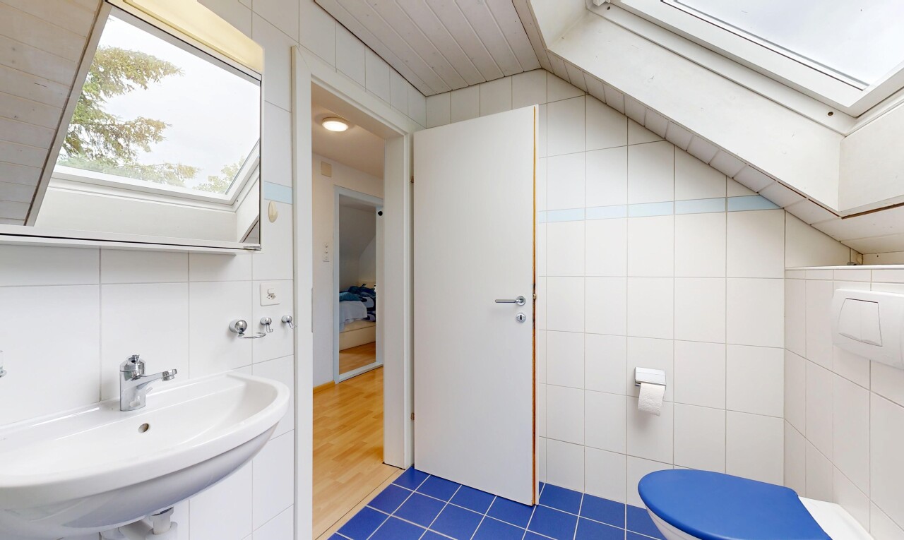 bad mit fliesenwand, tile wall, toilette, waschbecken, und gäste-wc