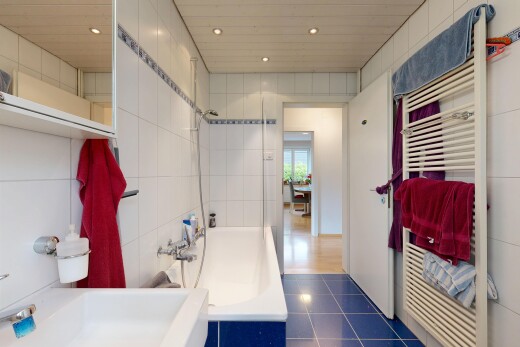 bad mit handtuchwärmer, inside property, komplettes badezimmer, dark floor, und fliesenboden