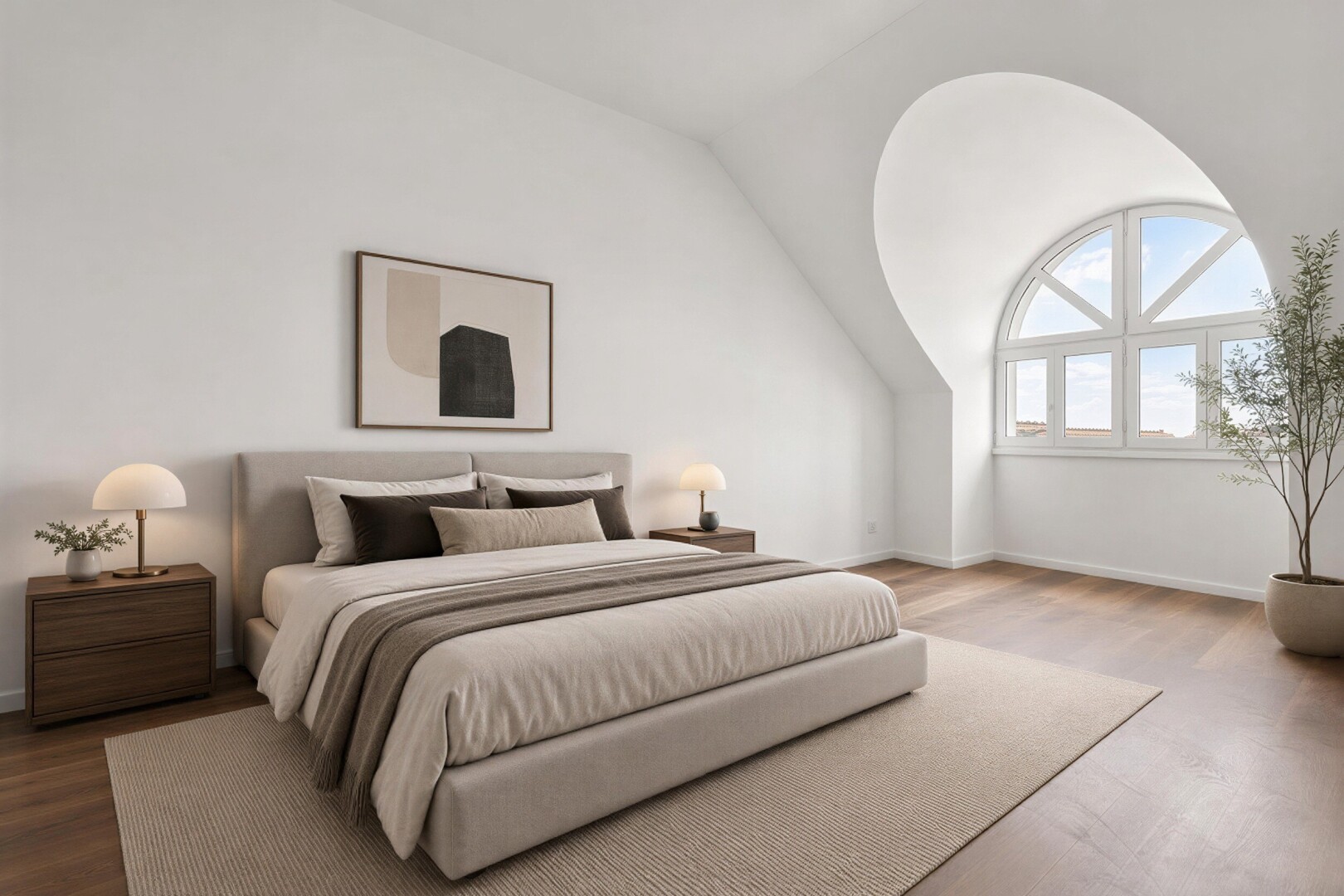 zimmer / schlafzimmer mit gipskartonwand, drywall, holzfußboden, wood finish floor, und dachschräge