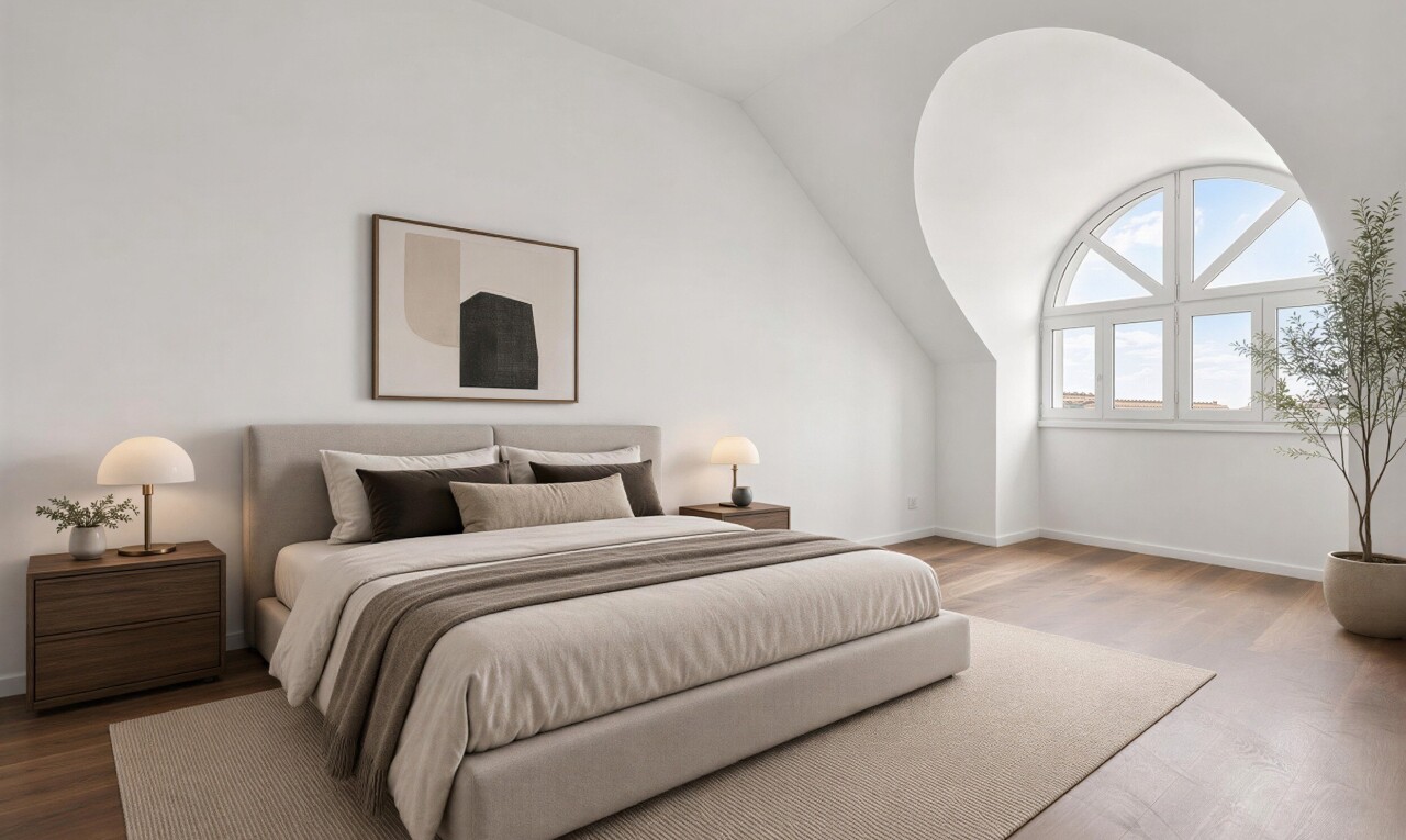 zimmer / schlafzimmer mit gipskartonwand, drywall, holzfußboden, wood finish floor, und dachschräge