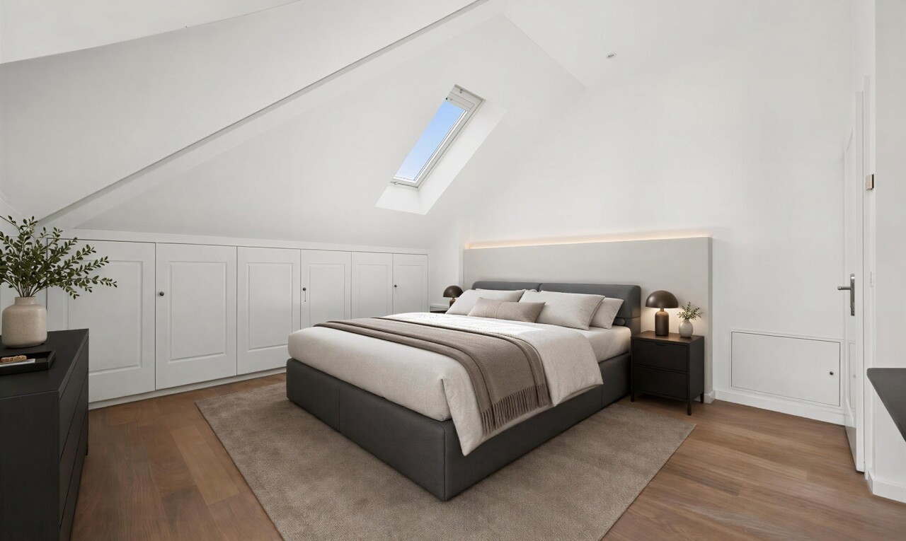 zimmer / schlafzimmer mit dachfenster, dachschräge, vaulted ceiling, holzfußboden, und wood finish floor