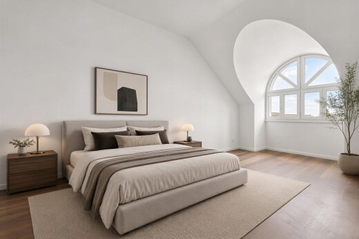 zimmer / schlafzimmer mit gipskartonwand, drywall, holzfußboden, wood finish floor, und dachschräge