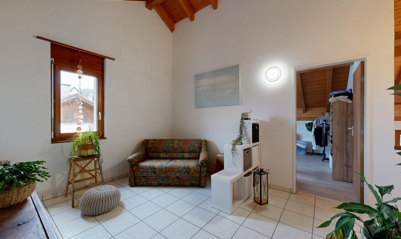 salon avec plafond voûté, vaulted ceiling, plafond haut, high ceiling, et plafond à poutres