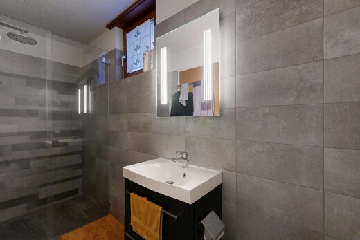 salle de bains avec lavabo (ou coiffeuse selon le contexte), douche, miroir, salle de bain complète, et tile wall